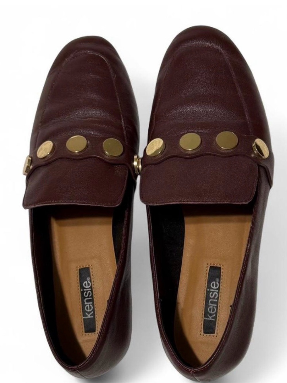 Kensie Wine Leather Slip-On Loafers with Gold Disc Details